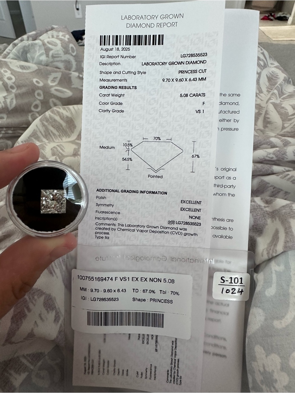 5.08 carat Loose Princess Cut Laboratory Grown Diamond - White